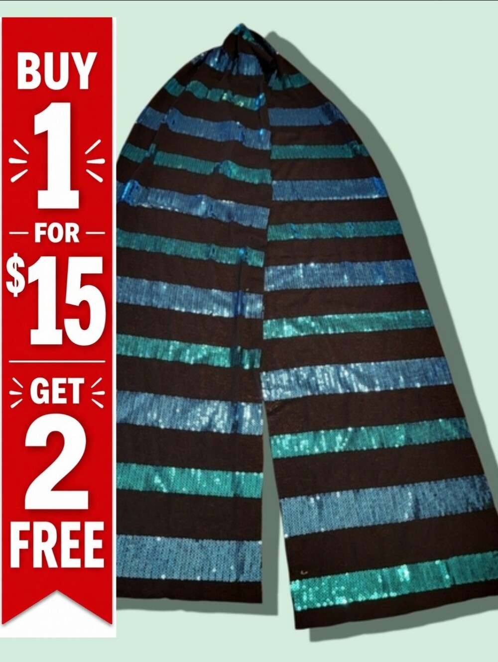 Black Scarf with Teal & Blue Sequin Stripes 70” x 9.5”